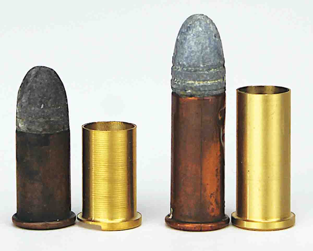 Original .32 S&W Short (left) and .32 S&W Long (right) cartridges are shown with Quality Cartridge adapters.